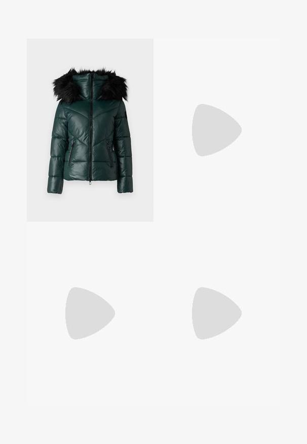 Green puffer jacket with a zippered front, featuring a faux fur hood, chevron quilted pattern, and side pockets. Smooth, shiny texture.; White sleeveless tank top made of ribbed fabric, featuring a rounded neckline and a fitted silhouette, with minimal seams and no embellishments.; Light blue flared jeans made of denim, featuring a high waist, five-pocket design, and subtle gradient fading towards the hem.; Brown leather cowboy boots with pointed toe and block heel, featuring detailed stitching and raised accents on the shaft.; Black leather clutch bag with a flap and a gold metal buckle detail. Includes a black strap and a sleek, minimalist design.; Silver hoop earrings with a twisted design, featuring a polished finish and post-back closure. Measure approximately 3 cm in diameter.
