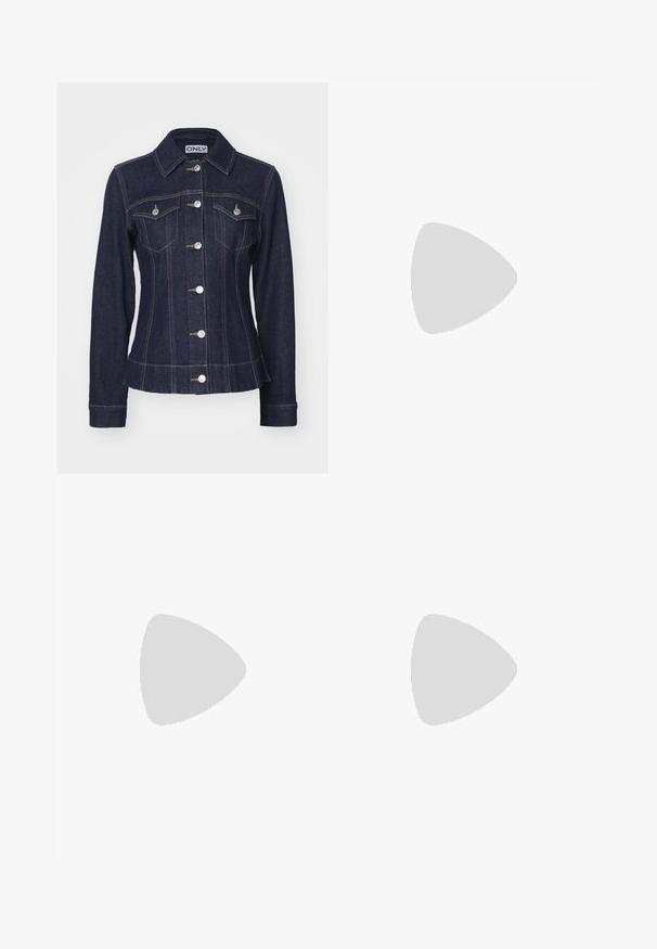 ONLY ONLFREDERIKKE SHAPED - Veste en jean - dark blue denim; Trois débardeurs sans manches en bleu, noir et blanc. Le tissu est côtelé avec un col rond. Chaque débardeur a une étiquette portant la mention « even&odd ». ; Jupe maxi en dentelle blanche avec des motifs floraux bleus. L'ourlet festonné et le design texturé ajoutent du détail au tissu.; Bottes en cuir beige jusqu'au genou avec un design décontracté, bout pointu et un petit talon. Texture lisse avec des détails de couture minimalistes.; Lunettes en métal doré avec des verres ovales, des branches fines et des plaquettes de nez transparentes. Présente des accents subtils sur les charnières et des verres transparents.