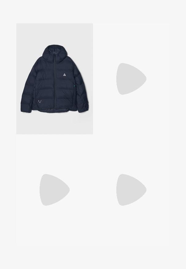 Navy puffer jacket with a high collar, zip closure, and a triangular logo. Features quilted sections and a textured, insulated design.; Nike black cotton t-shirt with a classic crew neck, short sleeves, and a subtle, embossed logo on the chest. Smooth texture.; Black shorts featuring a drawstring waistband, lightweight fabric with a smooth texture, and a simple design without visible logos or patterns.; Black athletic shoes with textured fabric and rubber soles, featuring elastic laces and a blue accent on the heel. Worn with light denim pants.