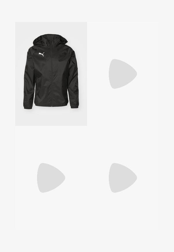 Black windbreaker jacket made of lightweight material, featuring a hood, front zipper, and a white logo on the left chest.; Light blue short-sleeve football shirt with dark navy accents, featuring a textured pattern, crew neckline, and logos on chest and sleeves.; Black athletic pants made of lightweight fabric. Features an elastic waistband, side pockets, and logos in grey on each side.; Black soccer cleat with a textured synthetic upper, silver accents, and a lace-up design. Features a molded sole with visible studs for traction.