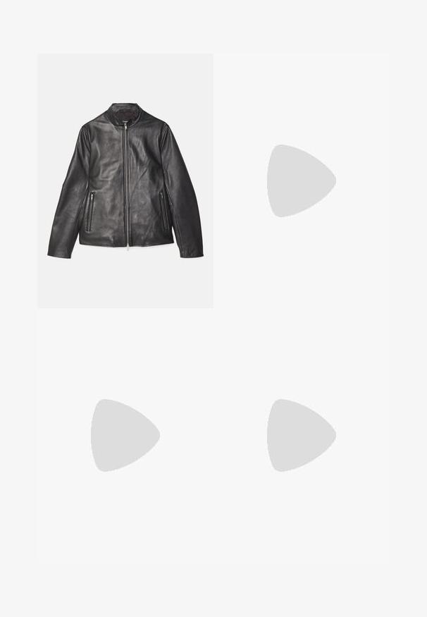 Theory MORVEK KELLEHER - Leather jacket - black; Black short-sleeve crew neck T-shirt with subtle embossed pattern and brand label inside collar, laid flat on white background.; Black, straight-leg trousers made of smooth fabric. Features a standard waistband and no visible patterns or accents.; Black leather shoe with a textured finish, round toe, five eyelets, and a low profile sole. Features a subtle logo on the heel.