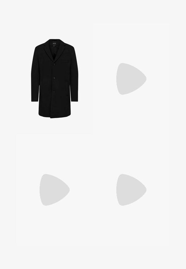 Black coat made of wool blend with a tailored design; features a single-button closure, notch lapels, and side pockets. Smooth texture.; Two sleeveless athletic tops, one white and one black, made of stretchy fabric with rounded necklines and visible seam details.; Black pants with a straight-leg design, made from a smooth fabric. Features front pleats and a single button closure at the waist.; Black leather loafer with a rounded toe, a decorative strap and hardware, and a chunky textured sole. Smooth finish with subtle detailing.