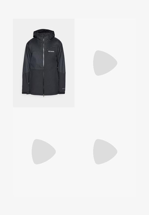 Zwarte waterdichte jacket met capuchon, voorzien van een ritsluiting, textuur in de bovenpanelen en het Columbia-logo op de borst. Inclusief verstelbare manchetten.; Zwarte T-shirt met korte mouwen, gemaakt van lichtgewicht stof. Bevat een klein wit logo op de linkerborst en verfijnde schouderaccenten.; Zwarte sportieve broek gemaakt van lichtgewicht stof, met een trekkoord in de taille, zijzakken en taps toelopende boorden bij de enkels.; Zwarte hardloopschoen met synthetisch bovenwerk, textuurontwerp en contrasterende rode accenten. Beschikt over een beveiligd vetersysteem en robuuste buitenzool.