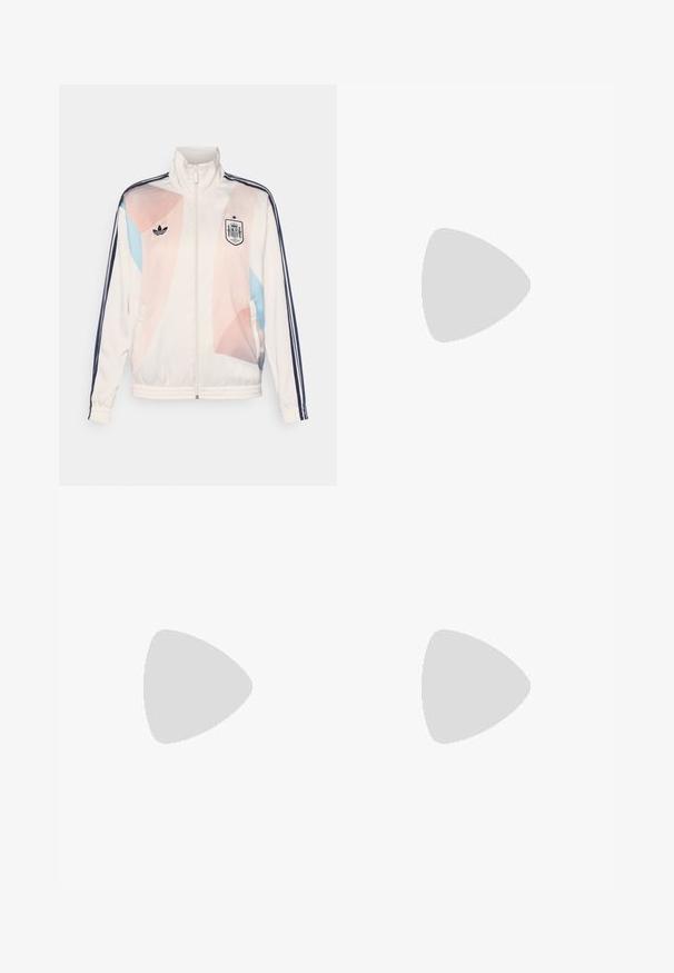 White athletic jacket with a high collar, featuring pastel geometric patterns in pink and blue, Adidas logo, and navy stripes.; White cotton t-shirt with navy blue raglan sleeves, featuring three white stripes and a small black Adidas logo on the chest. Red accents.; Cream-colored sweatpants with a relaxed fit, featuring dark brown side stripes and an embroidered logo on the left thigh.; White sneakers with light blue stripes, rubber sole, and lace-up design. Features gold branding and a smooth leather-like texture.