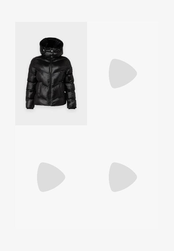 Black puffer jacket with a high collar, zip closure, and chevron stitching. Features two front pockets and elastic cuffs. Shiny, smooth texture.; Black cotton t-shirt with a round neck, short sleeves, and blue embroidered "Calvin Klein JEANS" logo on the front.; Black wide-leg jeans made of denim, featuring a high-rise waist, five-pocket styling, and a metal button closure with contrasting stitching.; Black platform shoes with a chunky sole and ridged detailing. Smooth leather upper and rounded toe design. Paired with beige trousers.