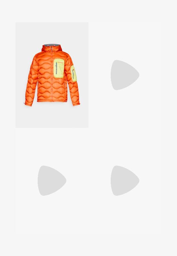 Puffy orange jacket with a gray hood, featuring a lime green chest pocket and an arm pocket. Zippered closures and textured insulation.; Black short-sleeve performance t-shirt made of breathable fabric, featuring a crew neckline and small white "SALOMON" logo on the chest.; Black lightweight trousers with an elastic waistband, drawstring closure, and tapered legs. Made from water-resistant material with a smooth texture.; Black and gray trail running shoe with bright green accents, featuring a textured sole, advanced lacing system, and rugged design.