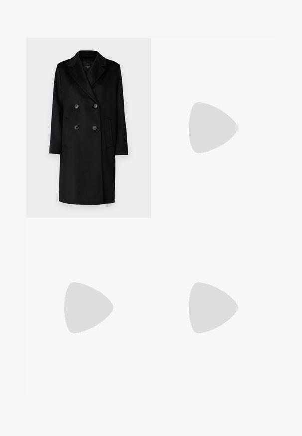 WEEKEND MaxMara ZUM - Classic coat - nero; IVY OAK KRISTIN - Basic T-shirt - black; Marella ANTIOPE - Trousers - bianco; Black leather ankle boots with a pointed toe and block heel, paired with shiny silver pants, showcasing sleek textures and contrasting colors.