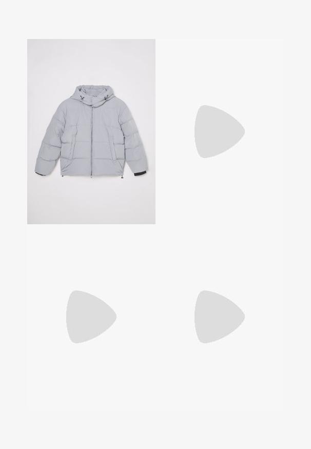 Light grey puffer jacket with a high collar, front zip closure, two side pockets, and elastic cuffs. Slightly glossy, quilted texture.; Black cotton T-shirt featuring a round neckline, short sleeves, and "EMPORIO ARMANI" logo in white above "Milano" in a curved design.; Black pleated trousers with a straight, wide-leg design. Made from smooth fabric, featuring a button closure and belt loops.; Black suede sneaker with a white rubber sole, featuring tonal stitching and lace-up design. Smooth texture with a modern, streamlined shape.