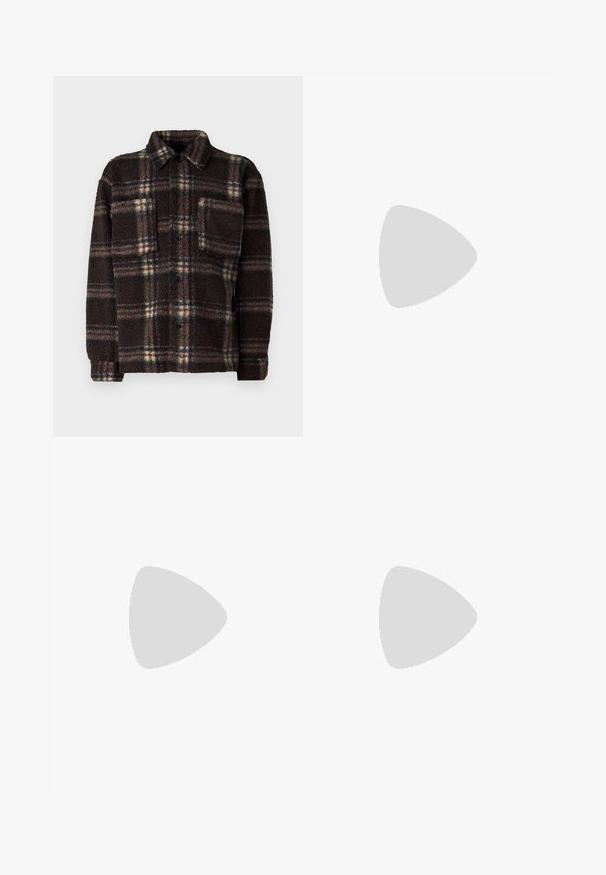 Brunternetterned fleece skjortejakke med knaplukning foran, spredt krave og én brystlomme; har tekstureret, fluffy stof.; To korteærmede skjorter: en ensfarvet sort og en hvid med sorte lodrette striber. Begge har knaplukninger og en klassisk krave.; Lysegrå denimbukser med lige ben, fem lommer og knaplukning. Synlig syning langs sømmene.; Sorte læder loafers med rund tå, der har et syet design, lav platformssål og en struktureret, skridsikker gummisål.