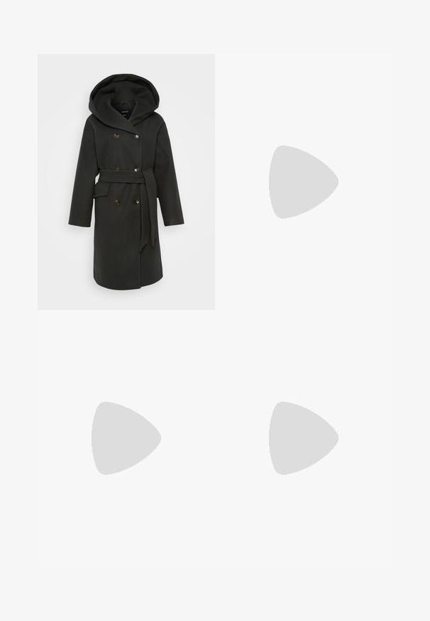 Tamnozeleni kaput s velikom kapuljačom, dvorednim kopčanjem na dugmadi, bočnim džepovima i odgovarajućim pojasom. Mekana tkanina s glatkom teksturom.; Even&Odd Petite 2 PACK - Top - light grey/black; ONLY Petite ONLMADISON BLUSH WIDE - Široke nogavice - dark blue denim; Crne gležnjače s sjajnom površinom, četvrtastim vrhom i debelim blok petama. Dizajn ima besprijekornu siluetu i minimalno brendiranje.; Srebrne metalne naušnice u obliku prstena s brušenom teksturom, s kružnim dizajnom i prozirnom vrstom kopče za sigurno nošenje.