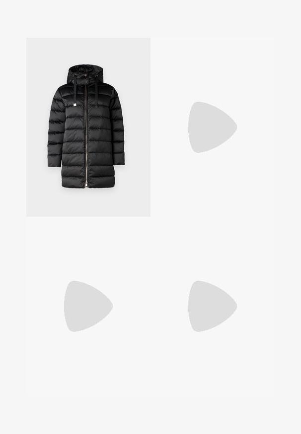 Sort pufferjakke med hætte, med lynlåslukning og snorejustering. Kvadret design med en glat, shiny tekstur.; Sort bomulds t-shirt med korte ærmer, der har et pink grafisk motiv af solbriller og teksten "Not Your Girl" på venstre brystområde.; Sorte bukser med lige pasform, der har dobbelte folder, en glat tekstur og et klassisk taljedesign. Ingen synlige hardware eller accenter.; Sorte læder loafers med en kraftig platformsål. Rund tå, forkant-søm detalje og subtile syninger. Flad, struktureret ydersål.