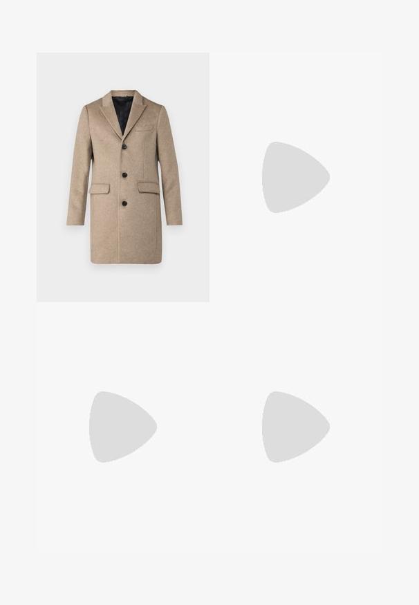 Beige wool coat with a notched lapel, three-button closure, two front pockets, and a smooth black interior lining.; Black cotton t-shirt with a crew neckline, short sleeves, and a straight cut. Features minimal stitching and a soft, smooth texture.; Dark gray denim jeans with a straight cut, five pockets, a metal button closure, and a side strap detail.; Navy and white athletic shoes with a textured upper, laces, and rubber sole, paired with dark denim pants with orange stitching.