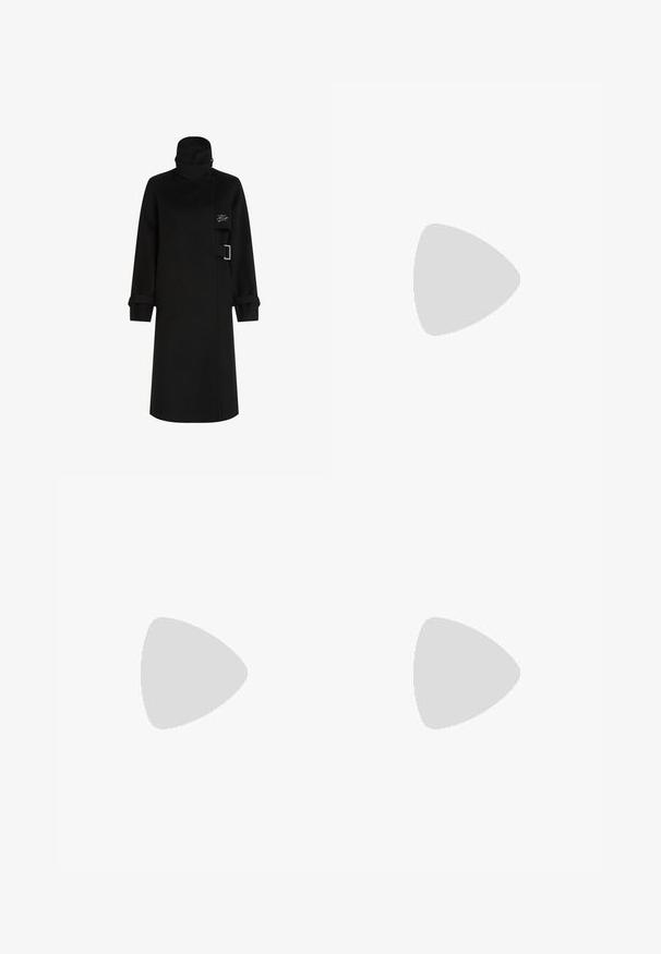 Black coat featuring a high collar, long sleeves with rolled cuffs, side buckle detail, and a sleek, straight silhouette.; White long-sleeve button-up shirt in a smooth cotton blend. Features a classic collar, front button closure, and rounded cuffs.; Black wide-leg trousers with a smooth texture, featuring front pleats and a high waist design. Made from a lightweight fabric.; Black leather heeled sandal with a square toe, ankle strap featuring a gold buckle, and a slender metallic heel. Smooth texture, minimalist design.