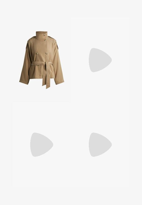 Khaki double-breasted jacket with a high collar, belted waist, broad sleeves, and shoulder epaulettes. Features visible stitching details.; White cropped T-shirt, short wide sleeves, soft cotton material, round neckline with subtle orange trim, minimal design, no patterns or graphics.; Black trousers with a straight fit, featuring double pleats, a smooth texture, and a classic waistband design. No visible hardware or accents.; Black leather ankle boots with a block heel, featuring elastic side panels. Paired with black pants that have a white side stripe.