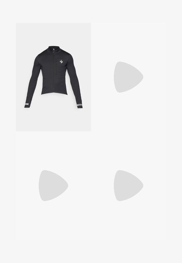 Black cycling jacket with long sleeves, zippered front, and high collar; features reflective logo and accents; smooth, stretchy fabric.; Black athletic t-shirt with short sleeves, round neck, made of smooth fabric. Features a small white Nike logo on the upper left.; Black athletic pants with elastic waistband, tapering design, featuring a large white Nike logo on the left leg. Soft, lightweight fabric.; Black athletic shoe with a textured upper, white Nike swoosh, and a white rubber outsole. Features a lace-up design and dynamic shape.
