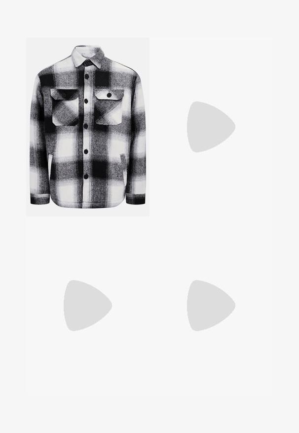 Black and white checkered flannel shirt, featuring two front pockets, button closures, and a soft texture. Classic plaid pattern.; Cream-colored cotton t-shirt with short sleeves, featuring a round neckline accented by navy and white stripes. Smooth texture, relaxed fit.; Black denim pants with a straight-leg cut, classic five-pocket design, and a button closure at the waist. Smooth texture and durable fabric.; Beige sneakers with a textured suede front, smooth leather sides, and a brown rubber sole. Laces and light stitching detail included.