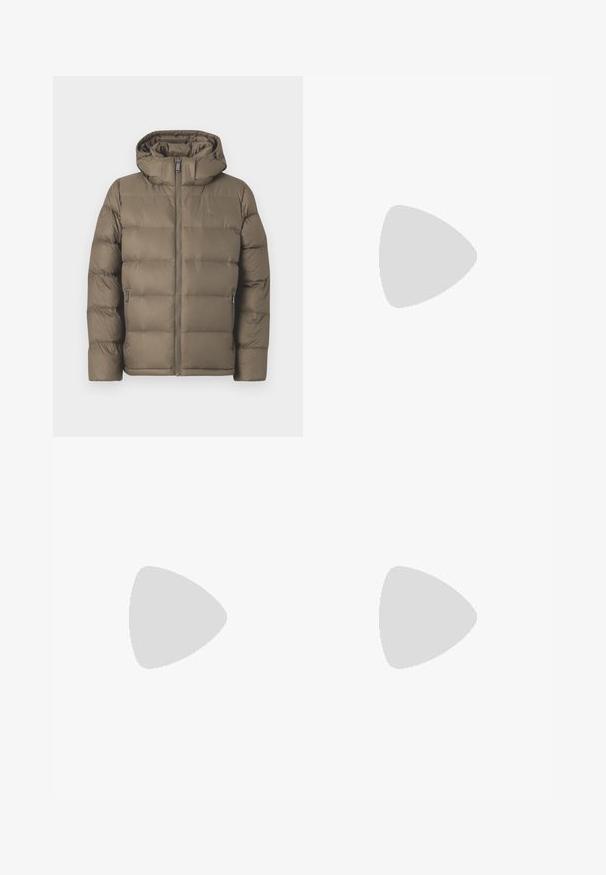 Puffer jacket in olive green with a hood, featuring a quilted texture, front zipper closure, and side zip pockets.; Long-sleeved white cotton shirt with a round neckline, side slits at the bottom, and a smooth texture, displayed from the back.; Light blue denim jeans with a straight-leg design, five pockets, button closure, minimal fading, and contrasting stitching details.; White sneaker with a smooth leather upper and a low profile. Features a rounded toe, six eyelets, and a textured rubber sole.