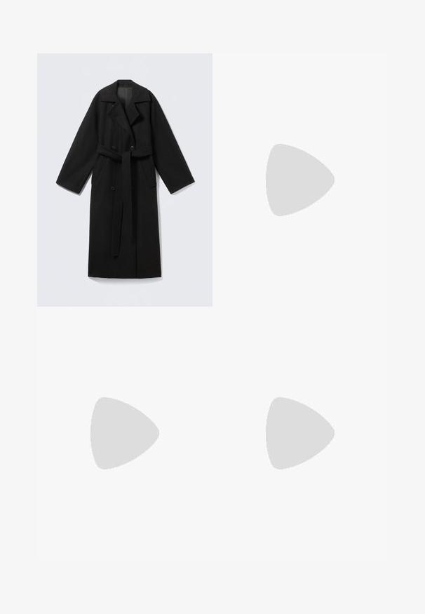 Black wool blend coat with a notched collar, long sleeves, double-breasted front, side pockets, and a fabric belt. Smooth texture.; Dark grey long-sleeve top made of cotton-blend fabric. Boxy shape with a round neckline and dropped shoulders, featuring visible stitching.; Black wide-leg denim pants with a high waist, featuring front and back pockets, stitched seams, and a button closure. Smooth texture.; Black slide sandal with two gold buckle accents, smooth textured material, flat sole, and a minimalist design.