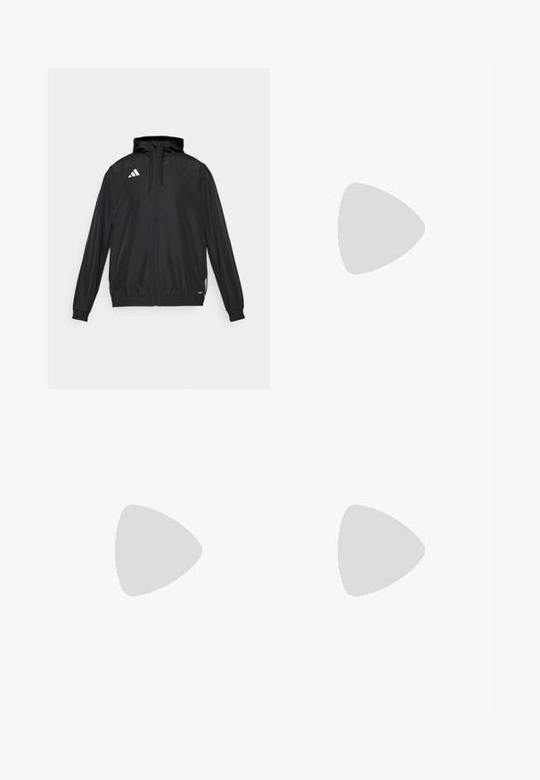 Giacca atletica nera realizzata in materiale leggero. Caratterizzata da un cappuccio, chiusura zip e polsini elastici. Logo bianco sul lato superiore sinistro.; T-shirt in cotone nero con maniche corte, scollo rotondo e logo bianco sul lato sinistro del petto. Texture liscia e design semplice.; Pantaloni sportivi neri con vita elastica, due tasche laterali con cerniera, gambe affusolate e un sottile dettaglio del logo sull'anca.; Scarpa sportiva nera con tomaia in mesh traspirante, dettagli bianchi e suola ammortizzata. Presenta il logo con tre strisce sul lato.