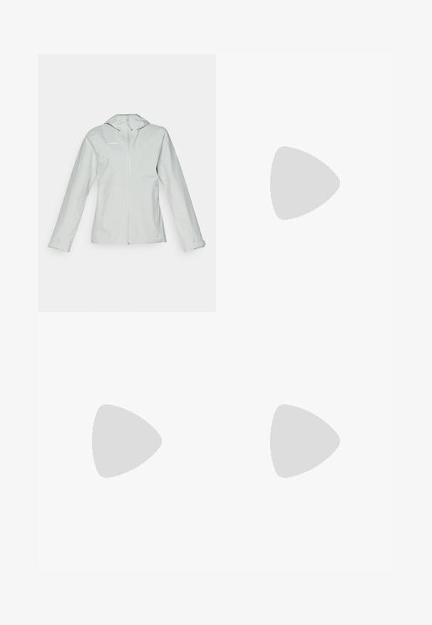 Light gray waterproof jacket with a hood, full front zipper, long sleeves, and two side pockets; smooth texture and minimal branding.; The North Face SHADOW LONG SLEEVE - Long sleeved top - white dune; White ski pants made from soft, flexible material. Features a fitted waist, wide flared legs, and black trim at the cuffs. Brand logo visible.; Columbia TERRASTRIDE CRZ - Hiking shoes - shark/black