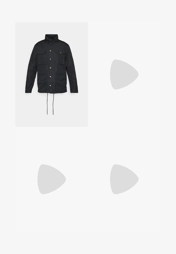 Black jacket featuring a high collar, button closure, four front pockets, and adjustable drawstrings at the waist. Smooth, durable fabric.; Gray short-sleeve t-shirt made of soft, textured fabric featuring a small blue Patagonia logo on the left chest. No additional patterns.; Dark gray trousers made of durable fabric, featuring a zippered pocket, straight cut, and belt loops for adjustable fit.; Brown waterproof sneakers with a textured upper, perforated accents, black heel support, and a grey rubber sole. Laces are styled with metallic ends.