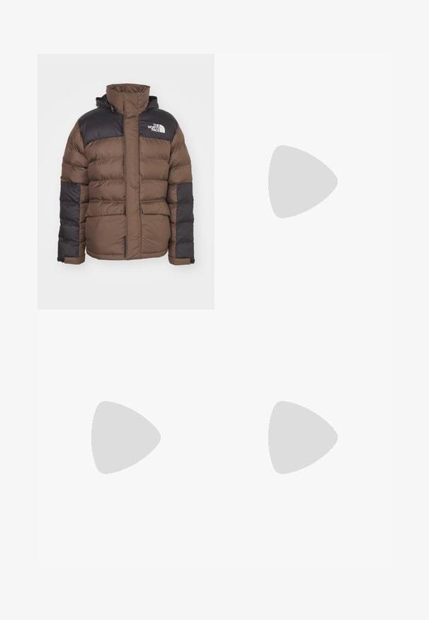 Casaco puffer castanho e preto com um colarinho alto, possui dois bolsos frontais, tecido texturizado e um logotipo no peito.; Cinco T-shirts de manga longa em fila: turquesa, preto, branco, cinza escuro e azul-marinho. Tecido suave com design de gola redonda e ajuste padrão.; Calças pretas em algodão com corte flare, cintura tradicional, botão frontal único e bolsos nas laterais e nas costas. Textura suave.; Sapatilha atlética prateada com uma superfície lisa e brilhante, logo branco de um lado, cadarços cinzentos texturizados e sola em borracha de goma.