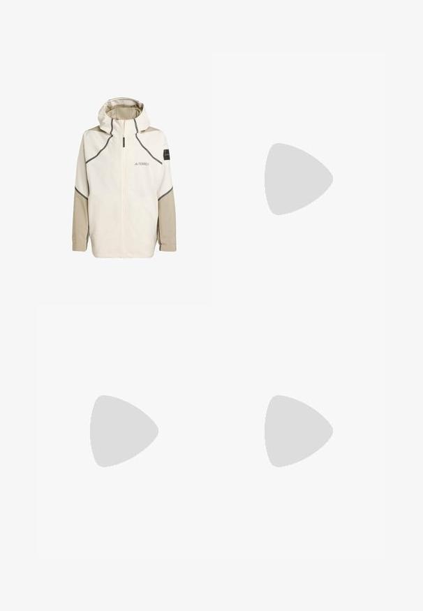 Letvægts cremede jakke med lynlås foran, hætte og grå detaljer. Har teksturerede ærmer og et logo på brystet til branding.; Sort atletisk t-shirt med hvide sidelister og Adidas-logo. Har rund hals og korte ærmer, lavet af glat, letvægtsstof.; Sorte Adidas sportbukser med neongrønne buede linjer og tre striber på siderne, elastisk livrem og Adidas-logo på forsiden af låret.; Hvid løbesko med sorte striber, neon grønne detaljer og en rød hæl. Har et let design og en struktureret sål for bedre greb.