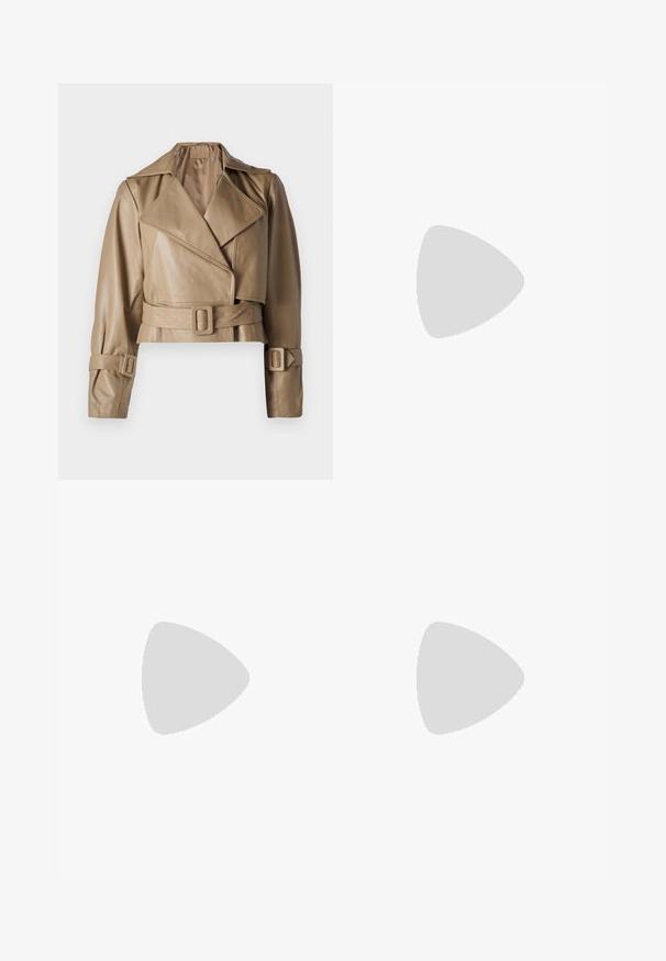 STUDIO ID JACKET - Leather jacket - nappa mud; Bershka SHORT SLEEVES WITH A ROUND NECK - Basic T-shirt - white; CLOSED JUNNA - Straight leg jeans - blue denim; Stradivarius OPENWORK - Ankle strap ballet pumps - light yellow