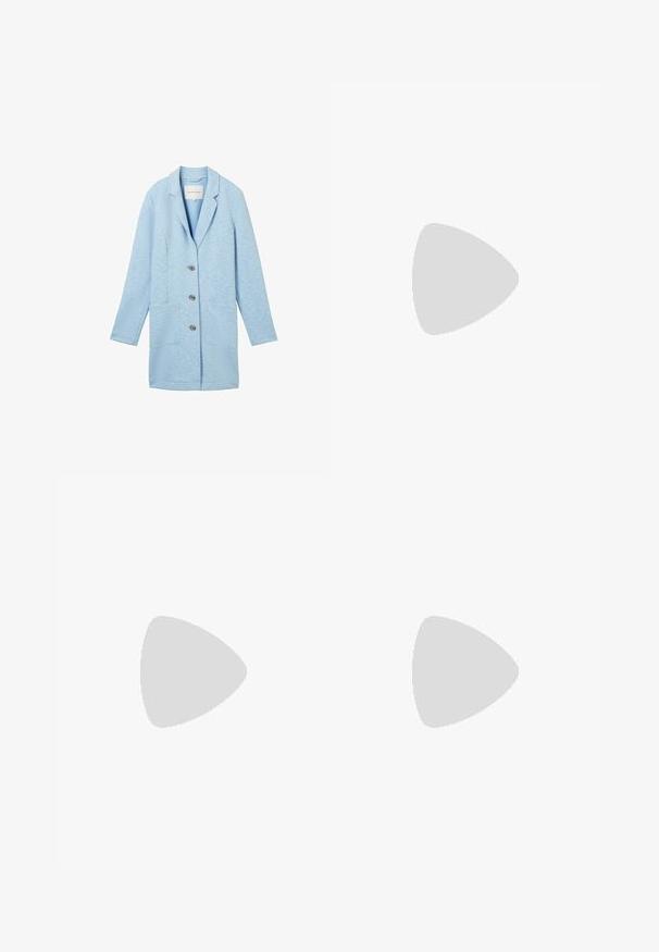 Light blue blazer jacket, made from a textured fabric, featuring a notched lapel, three button closure, and two front patch pockets.; White, fluffy sweater with a round neckline, long sleeves, and a relaxed fit. Made from soft, textured fabric, featuring ribbed cuffs and hem.; Cream-colored wide-leg pants made of soft fabric, featuring an elastic waistband, drawstring, and side pockets. Smooth texture.; Black suede ankle boots with a thick platform sole and soft lining. Finished with stitching accents and a rear pull tab for easy wear.; Black fabric handbag with two front pockets featuring bow details, dual handles, and zip closure. Soft texture and rectangular shape.
