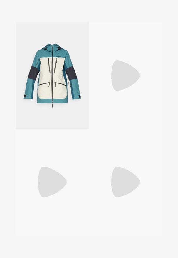 Peak Performance VERTICAL GORE-TEX PRO JACKET - Veste de ski - hydro fresh/sand fog/infinity teel; T-shirt en coton noir avec un col rond et des manches courtes. Logo blanc notable sur le côté supérieur gauche. Texture lisse, coupe décontractée.; Pantalons cargo en tissu vert olive, avec une coupe ample, plusieurs poches latérales et une fermeture à bouton à la taille. Texture lisse.; Botte de randonnée mi-hauteur en noir et vert olive, dotée d'une tige en mesh, d'une semelle en caoutchouc et d'accents texturés avec une languette à l'arrière.; Lunettes de soleil avec une monture noir et blanc, de grandes lentilles réfléchissantes aux nuances dorées et roses, un design aérodynamique et un bord extérieur élargi.