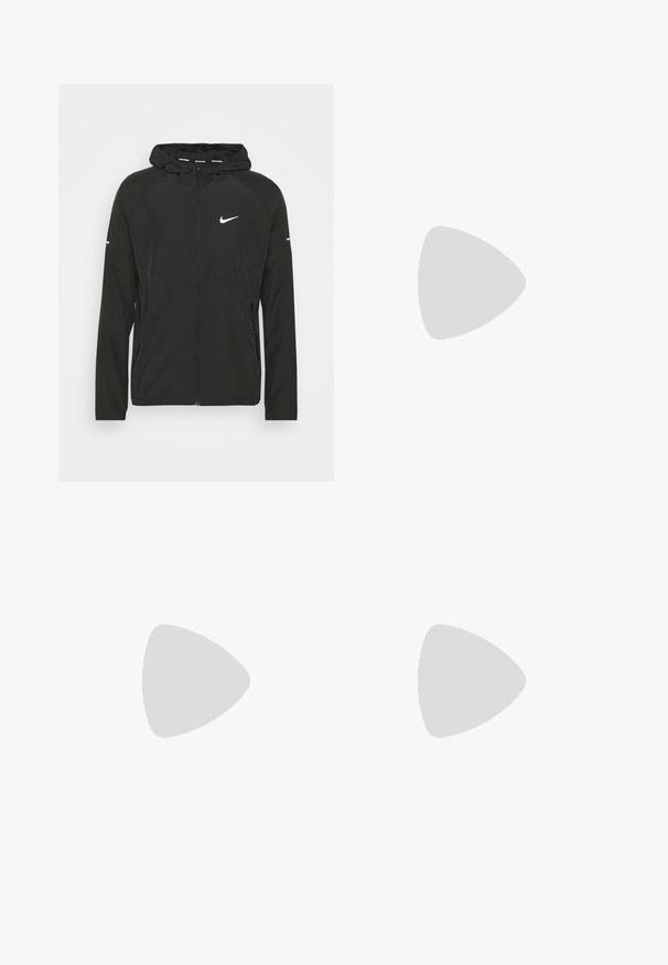Giacca da corsa nera Nike con frontale zip, cappuccio e maniche lunghe. Presenta un logo bianco sul petto e strisce sulle maniche.; Maglietta da corsa Nike nera realizzata in materiale leggero e traspirante, con maniche corte e un piccolo logo bianco sul petto.; Pantaloni sportivi neri realizzati in tessuto liscio, con una vita elastica, gambe affusolate e un piccolo logo bianco sul lato sinistro.; Scarpa sportiva nera con tomaia testurizzata, logo Nike swoosh bianco e suola in gomma bianca. Presenta un design con lacci e una forma dinamica.