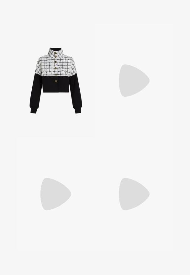 Cropped jacket featuring a white and black checkered texture on the upper half and solid black fabric on the lower half. Four gold buttons adorn the front.; Black short-sleeve t-shirt made of cotton. Features a white graphic with the text "KARL" and a stylized figure on the chest. Round neckline.; Black sweatpants with a relaxed fit, elastic waistband, adjustable drawstring, and vertical seams along the legs. Soft fabric texture.; Black platform sneakers featuring a smooth leather upper, flat laces, and embroidered "Karl" logo on the side. Rounded toe and thick sole.