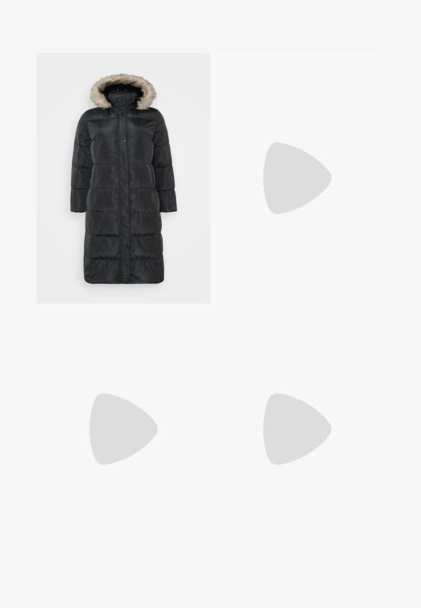 Lauren Ralph Lauren Woman COAT - Pūkinis paltas - black; Juodas medvilninis marškinėliai trumpomis rankovėmis, su auksiniu siuvinėtu „LRL“ tekstu priekyje. Apvalus iškirpimas, laisvas fasonas, glotni tekstūra.; Juoda plati kelnė su lygiu paviršiumi, plokščiu priekiu, diržo kilpos ir vienu mygtukiniu užsegimu juosmens. ; Baltos sportbačiai, pagaminti iš lygaus ir tekstūruoto audinio, su subtiliu logotipu, su raišteliais ir zigzaguota pado struktūra.