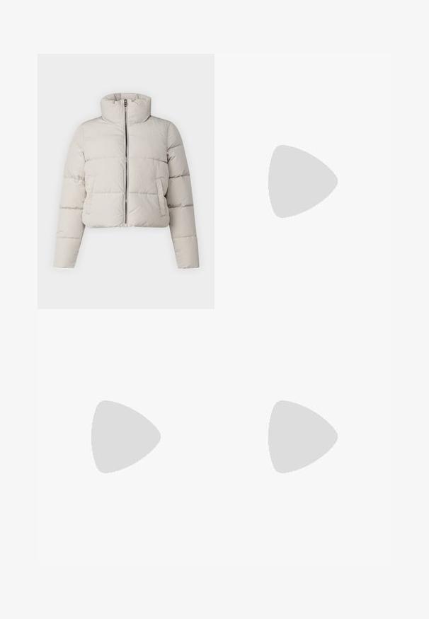 Beige cropped puffer jacket with a high collar, zipped front, and horizontal seam detailing. Soft texture and lightweight fabric.; Black cotton t-shirt with short sleeves, featuring a small pink butterfly graphic on the left chest. Crew neck design with a relaxed fit.; Black wide-leg trousers with a ruffled waistband, featuring two side pockets and a smooth, lightweight fabric. No visible patterns or hardware.; Black patent heeled sandals with a square toe, ankle straps, and silver buckles. Features a chunky block heel for stability.