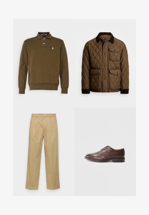 Chaqueta de color marrón acolchada con un cuello de pana, que cuenta con un cierre frontal de botones a presión, dos bolsillos frontales y un bolsillo de parche en el pecho.; Polo de manga larga color verde oliva, hecho de algodón, con un cuello clásico, dos botones y un logo blanco en el lado izquierdo del pecho.; Pantalones de algodón beige con un diseño de pierna recta, que cuentan con pliegues frontales y bolsillos laterales. La tela tiene una textura suave y lisa.; Zapato formal para hombre de cuero marrón con cordones, acabado suave y tacón apilado sobre fondo blanco.