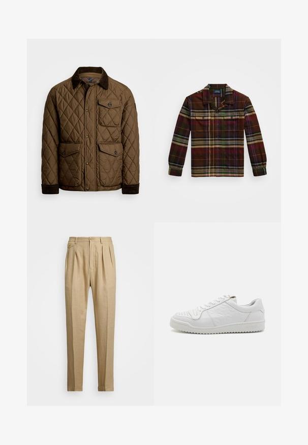 Jachetă căptușită maro cu guler din catifea, având o închidere frontală cu capse, două buzunare frontale și un buzunar pe piept.; Cămașă cu mânecă lungă, cu carouri, de culoare maro închis, având dungi verzi, mov și portocalii, două buzunare pe piept și guler cu nasturi.; Pantaloni din in bej cu croi drept, având două pliuri frontale, închidere cu nasture și buzunare laterale. Material texturat cu un finisaj neted.; Adidași din piele albă cu un panou lateral texturat și vârf perforat, având șireturi plate și o talpă din cauciuc ridicată. Numele mărcii "SANDRO" embosat pe toc.