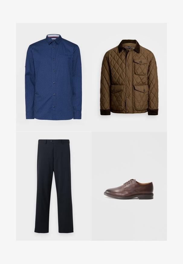 Hnedá prešívaná bunda s kordovou golierom, ktorá má predné zapínanie na cvoky, dve predné vrecká a jedno vrecko na hrudi.; Námornícka modrá košeľa s bielymi bodkami, dlhé rukávy, zapínanie na gombíky, jedna náprsní vrecko a kontrastná vnútorná časť goliera.; Námořnické kalhoty s rovným střihem, mají přední zapínání na knoflík a zip, vyrobené z hladkého materiálu s jemnou texturou.; Hnedé kožené formálne šnurovacie topánky pre mužov s hladkým povrchom a vrstveným podpätkom na bielom pozadí.
