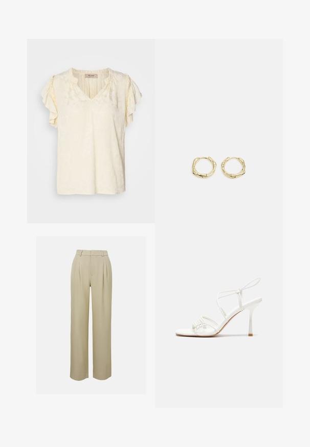 Veste en denim bleu clair avec un col, fermeture à boutons-pression à l'avant, manches bouffantes plissées et poignets côtelés. Possède une texture lisse et des coutures discrètes.; Pull en maille côtelée blanche avec un col roulé doux. Caractéristiques : manches longues, silhouette ajustée et un col haut et roulé.; Top à manches courtes en crème clair avec un motif floral texturé ; présente des manches volantées et une coupe décontractée.; Pantalons larges beiges en tissu lisse, avec des plis à l'avant, une taille cintrée et des poches latérales. Finition du bas propre.; Sandale à talons hauts blanche avec une base de orteil plate, devant texturé avec des accents froncés et une fine bride à la cheville.; Boucles d'oreilles en or en forme de cerceau avec une texture et une forme irrégulière. Présentent une fermeture sans couture et une finition polie, soulignant un design moderne.