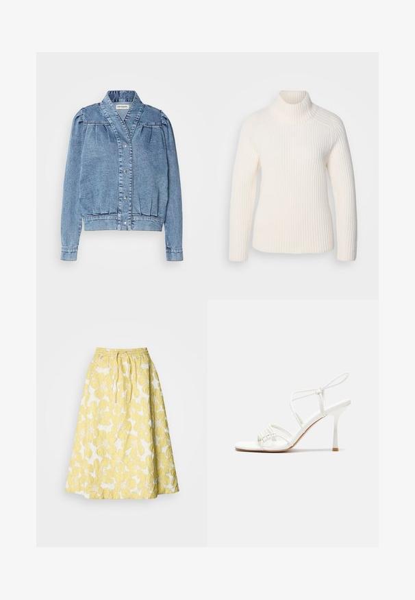 Light blue denim jacket with a collar, front snap closure, pleated puff sleeves, and ribbed cuffs. Features a smooth texture and subtle stitching.; White ribbed turtleneck sweater in a soft knit material. Features long sleeves, a fitted silhouette, and a high, rolled neckline.; Yellow floral skirt with a textured surface, featuring a gathered waistband and a knee-length A-line shape. Patterns of large yellow flowers on a white background.; White strappy high-heeled sandal with a flat toe base, textured front with gathered accents, and a slim ankle strap.