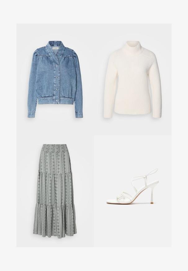 Chaqueta de mezclilla azul clara con cuello, cierre delantero de presión, mangas abullonadas con pliegues y puños de canalé. Presenta una textura suave y costuras sutiles.; Suéter de cuello alto de canalé blanco en un material de punto suave. Presenta mangas largas, una silueta ajustada y un cuello alto enrollado.; Larga falda de varias capas en gris claro con patrones florales y rayados en negro. Cintura elástica, diseño fluido y tejido texturizado.; Sandalia de tacón alto blanca con tiras, con una base plana en la punta, parte frontal texturizada con acentos fruncidos y una delgada correa en el tobillo.
