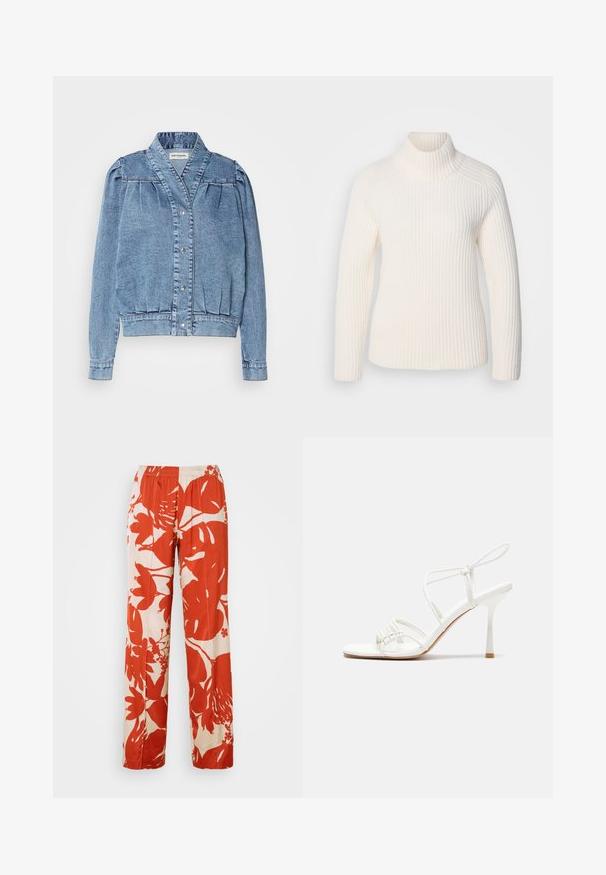 Giacca in denim azzurro chiaro con colletto, chiusura frontale a bottoni automatici, maniche a sbuffo con pieghe e polsini a costine. Presenta una texture liscia e cuciture sottili.; Maglione bianco a collo alto in un morbido materiale a maglia. Caratterizzato da maniche lunghe, una silhoutte aderente e un collo alto ripiegato.; Pantaloni a gamba larga con un motivo floreale rosso e crema, dotati di una cintura elastica. Il tessuto ha una consistenza liscia e presenta grandi disegni di foglie e fiori.; Sandalo alto con tacco bianco a strisce, con una base piatta per le dita, un frontale testurizzato con dettagli arricciati e una sottile cinghia alla caviglia.