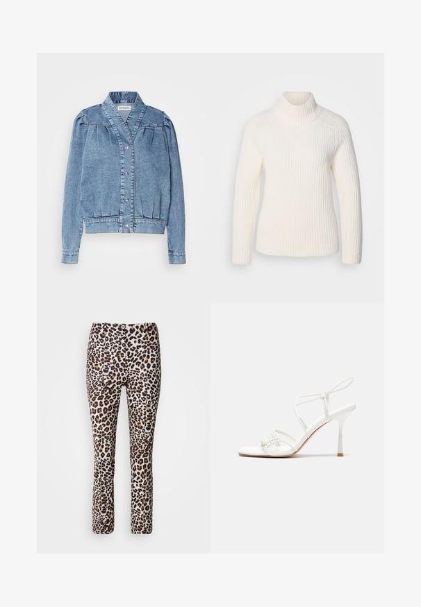 Veste en denim bleu clair avec un col, fermeture à boutons-pression à l'avant, manches bouffantes plissées et poignets côtelés. Possède une texture lisse et des coutures discrètes.; Pull en maille côtelée blanche avec un col roulé doux. Caractéristiques : manches longues, silhouette ajustée et un col haut et roulé.; Pantalons à imprimé léopard dans un mélange de beige, marron et noir, avec un design ajusté et un ourlet évasé, présentant une fermeture à bouton à l'avant.; Sandale à talons hauts blanche avec une base de orteil plate, devant texturé avec des accents froncés et une fine bride à la cheville.