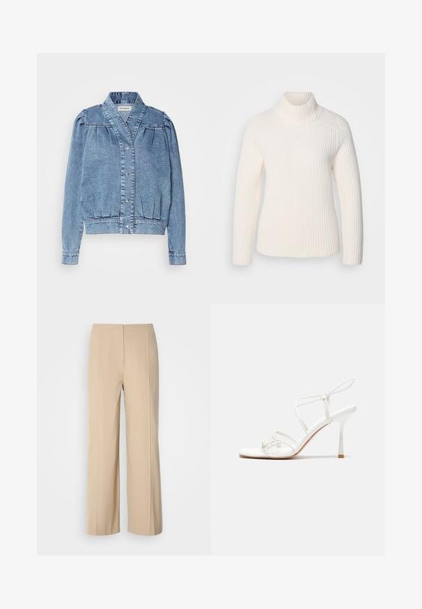 Jasnoniebieska dżinsowa kurtka z kołnierzem, z przodu zapinana na zatrzaski, z plisowanymi bufkami i ściągaczami na rękawach. Charakteryzuje się gładką fakturą i subtelnymi stębieniami.; Biały sweter z golfem w prążkowanym wzorze, wykonany z miękkiego materiału. Posiada długie rękawy, dopasowany krój oraz wysoki, zawijany dekolt.; Beżowe spodnie o szerokich nogawkach wykonane z ustrukturyzowanej tkaniny, charakteryzujące się minimalistycznym stylem, z wprasowanymi kantami i płaskim pasem.; Białe sandały na wysokim obcasie z paskami, z płaską bazą na palcach, teksturowanym przodem z marszczonymi akcentami oraz cienkim paskiem na kostce.