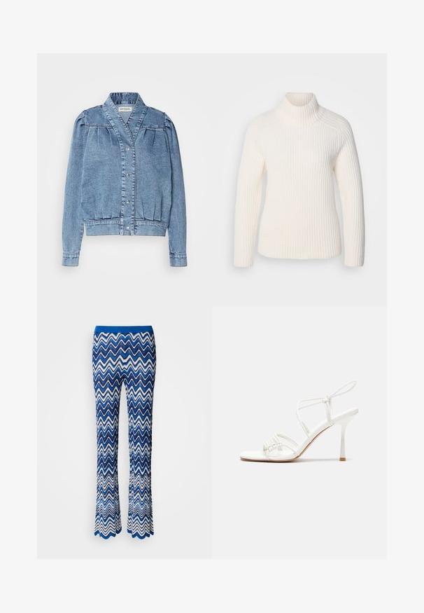 Lyseblå denimjakke med krave, frontlukning med trykknapper, plisserede pufærmer og ribbede manchetter. Har en glat tekstur og diskrete søm.; Hvid ribbet turtleneck sweater i et blødt strikmateriale. Har lange ærmer, en tætsiddende silhuet og en høj, rullet halsåbning.; Blå og hvide zigzag-mønstrede svajede bukser lavet af tekstureret, letvægtsstof med en kontrasterende blå elastisk talje.; Hvide strop sandaler med høj hæl, flad tåbase, tekstureret forside med sammensunkne detaljer og en smal ankelrem.