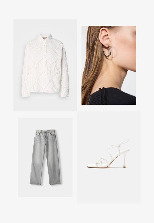 Světle modrá džínová bunda s límečkem, předním zapínáním na cvoky, nařasenými nabíranými rukávy a žebrovanými manžetami. Má hladkou strukturu a jemné švy.; Bílá halenka s dlouhým rukávem a límcem, s texturovanou výšivkou v diamantovém vzoru a řadou knoflíků. Měkká, lehká tkanina.; Světle šedé džíny z denimu se střihy rovného nohavice, které mají dvě přední kapsy, zapínání na knoflík a jemné vyblednutí pro texturu.; Bílé sandály na vysokém podpatku s tenkým páskem kolem kotníku, plochou špičkou, texturovaným předním dílem s nařasenými detaily.; Stříbrný kruhový náušník s lesklým povrchem, zdobený malými zlatými akcenty, v kulatém tvaru, nošený na lalůčku.
