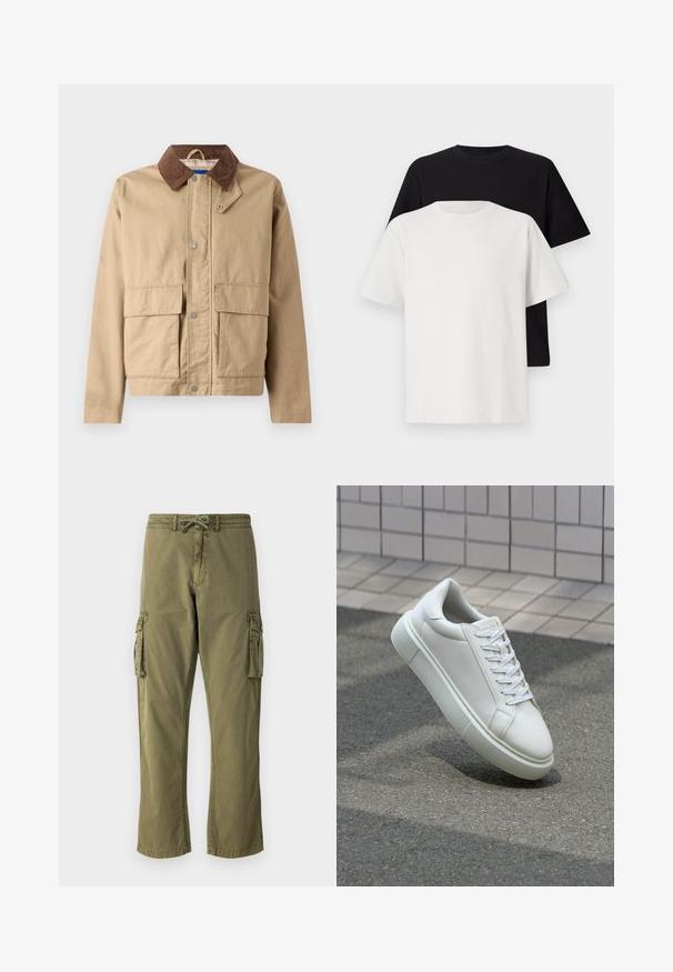 Bež jakna z rjavim žametnim ovratnikom, s pritrdilnimi gumbi in dvema velikima sprednjima žepoma. Narejena iz trpežnega materiala z gladko teksturo.; Set bombažnih majic, ki vključuje črno in belo majico, obe z kratkimi rokavi, okroglim izrezom in standardnim krojem. Teksturirana tkanina.; Cargo hlače v olivno zeleni mešanici bombaža, z elastičnim pasom in vrvico, stranskimi cargo žepnimi in naravnim krojem nog.; Bela usnjena teniska obutev z gladko površino, okroglo konico in ravnimi belimi vezalkami. Ima teksturiran gumijast podplat in minimalne oblikovalske elemente.