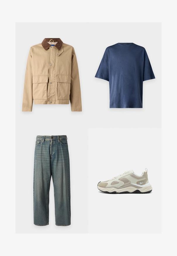 Karmiinpruun bleiser, millel on pruuni sametiga kaelus, nupuga kinnitamine ja kaks suurt esik}üksust. Valmistatud vastupidavast kangast, millel on sile tekstuur.; Tumesinine lühikeste varrukatega T-särk, valmistatud pehmest kangast, omab klassikalist ümarat kaelust ja mugavat lõiget, ilma nähtavate mustrite või aktsentideta.; Heledad sinine denim-stiilis teksad, volüümse lõike, keskmise kõrgusega talje ja sirgete säärega. Omab viit taskut, vöökumme ja nööpide sulgemist.; Beež treningjalanõud, millel on soe sünteetiliste ja võrgumaterjalide segu, tekstuuriga aksessuaarid ning paks valge ja must tald.