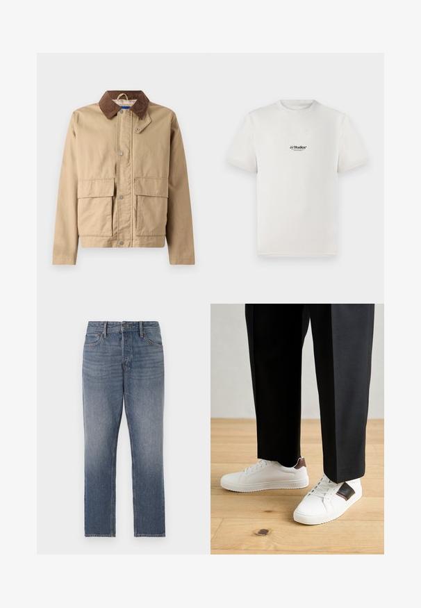 Karmiinpruun bleiser, millel on pruuni sametiga kaelus, nupuga kinnitamine ja kaks suurt esik}üksust. Valmistatud vastupidavast kangast, millel on sile tekstuur.; Valge puuvillane T-särk lühikeste varrukatega, millel on rinnal must "JJ Studios" logo. Ümmargune kaelus ja tavaline lõige.; Tumed sinine denim, sirge jala disain, millel on pleekinud pesu, viis taskut ja vasktooni riistvara. Puhtalt klassikaline välimus.; Valged sneakersid siledat tekstuurist, millel on pruunad nahast detailid ja mustad aksessuaarid, millele on sobitatud mustad kohandatud püksid. Puitpõranda taust.