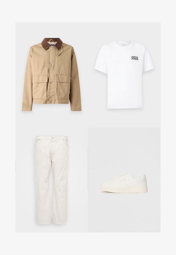 Chaqueta marrón con un cuello de terciopelo, cierre de botones a presión y dos grandes bolsillos frontales. Fabricada con un tejido duradero y de textura suave.; Camiseta de algodón blanca, de manga corta, cuello redondo. Presenta el logo de texto en negro "JACK & JONES" en el área del pecho izquierdo. Diseño simple y liso.; Vaqueros de denim blanco con corte recto, que cuentan con un cierre de botón, trabillas para cinturón y dos bolsillos laterales. Textura suave, con un detalle mínimo.; Zapatillas blancas tipo slip-on con una superficie texturizada, suela gruesa y diseño minimalista. Presenta el logo de la marca en un lado.