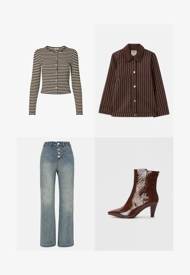 Rjava kordna jakna z belimi navpičnimi črtami, s koničastim ovratnikom, sprednjimi gumbi in dvema zakrpana žepoma.; Dolga jopica s dolgimi rokavi v rjavo in kremastem črtastem vzorcu, z zaobljenim ovratnikom, zapiranjem na gumbe spredaj in rebrasto teksturo. Skrajšana zasnova.; Svetlo roza majica na naramnice, izdelana iz mehkega, raztegljivega materiala. Ima okroglo ovratnico in ozke naramnice, z gladko teksturo in prilegajočo se obliko.; Svetlo modri tekstilni široke hlače iz denima z visokim pasom, z zapiranjem na pet gumbov in dvema sprednjima žepoma. Gladka tekstura z blagim zbledelostjo.; Rjav umetni krokodilni usnjen gležnjar s koničastim nosom in ozkim petnim delom. Opremljen je z sijajno teksturo in stransko zadrgo.